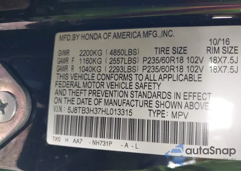 2017 Acura Rdx Acurawatch Plus Package из США, поврежденный, VIN 5J8TB3H37HL013315